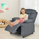 Kids grey PU leather recliner with cup holder and footrest, featuring adjustable backrest for comfort and support.