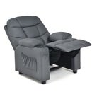 Kids PU leather recliner in grey with cup holder and footrest, adjustable backrest for comfort and support.