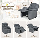 Kids PU leather recliner in grey, adjustable from 90° to 130°, featuring cup holder and footrest for comfort.