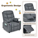 Kids PU leather recliner in grey with cup holder, ergonomic design, and adjustable backrest for comfort and support.