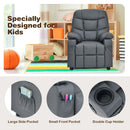 Kids PU leather recliner in grey with cup holder, footrest, and side pockets for comfort and convenience.
