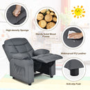Kids PU leather recliner in grey with cup holder, adjustable backrest, and anti-slip feet for comfort and stability.