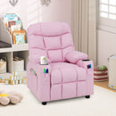 Kids pink PU leather recliner with cup holder and footrest, featuring adjustable backrest for comfort and convenience.