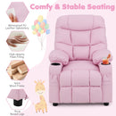 Kids pink PU leather recliner with cup holder, adjustable backrest, and solid wood frame for comfortable seating.