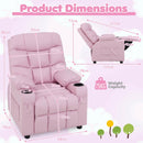 Kids pink PU leather recliner dimensions with cup holder, adjustable backrest, and solid wood frame for durability.