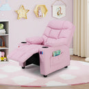 Kids pink PU leather recliner with cup holder and footrest, featuring ergonomic design for comfort and style.