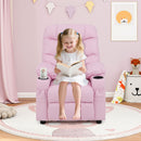 Kids pink PU leather recliner with cup holder and footrest, ideal for reading and napping in comfort.