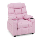 Kids pink PU leather recliner with cup holders, adjustable backrest, and sturdy wood frame for comfort and durability.