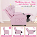 Kids pink PU leather recliner couch with adjustable backrest, cup holder, and footrest for reading and relaxing.
