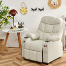 Kids beige PU leather recliner with cup holder and footrest, featuring ergonomic design for comfort and support.