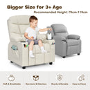 Kids PU leather recliner in beige with cup holder, adjustable backrest, and side pockets for comfort and convenience.