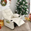 Kids PU leather recliner in beige with cup holders and footrest, perfect for comfortable lounging and relaxation.