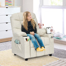 Kids PU leather recliner in beige with cup holder, featuring adjustable backrest and side pockets for convenience.