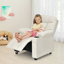 Kids PU leather recliner in beige with cup holder, featuring adjustable backrest and footrest for comfortable seating.