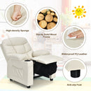 Kids PU leather recliner in beige with cup holder and footrest, featuring a sturdy wood frame and adjustable backrest.