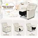 Kids PU leather recliner in beige with adjustable backrest, cup holder, and footrest for comfortable lounging.