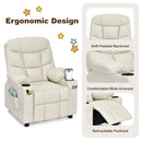 Kids PU leather recliner in beige with cup holder, adjustable backrest, and retractable footrest for comfort.
