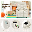 Kids PU leather recliner in beige with cup holder, side pockets, and adjustable backrest for comfort and convenience.