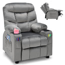 Kids youth recliner chair in grey with cup holders and side pockets, perfect for reading, watching TV, or napping.