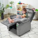 Kids youth recliner chair in grey with cup holders and side pockets, perfect for reading and relaxing.