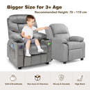 Kids youth recliner chair in grey with cup holders and side pockets, designed for comfort and relaxation for ages 3+.