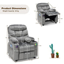 Kids youth recliner chair in grey with cup holders and side pockets, featuring adjustable backrest and footrest for.