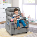 Kids youth recliner chair in grey with plush velvet fabric, featuring side pockets for easy storage of snacks and books.