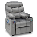Kids youth recliner chair in grey with cup holders and side pockets, perfect for reading and napping.