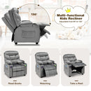 Kids youth recliner chair in grey with adjustable backrest, cup holders, and side pockets for reading and napping.