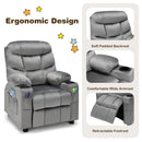 Kids youth recliner chair in grey with ergonomic design, cup holders, and side pockets for comfort and convenience.