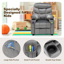 Kids youth recliner chair in grey with cup holders and side pockets, designed for comfort and convenience for ages 3+.