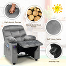 Kids youth recliner chair in grey with cup holders, side pockets, and adjustable backrest for comfort and relaxation.