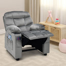 Kids youth recliner chair in grey with a plush velvet finish, featuring wide armrests and convenient cup holders for.
