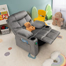 Kids youth recliner chair in grey with plush velvet upholstery, featuring a sturdy frame and smooth pushback mechanism.