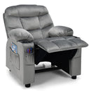 Kids youth recliner chair in grey with cup holders and side pockets, perfect for reading, napping, and watching TV.