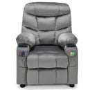 Kids youth recliner chair in grey with soft velvet upholstery, featuring wide armrests and convenient side pockets for.