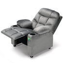 Kids youth recliner chair in grey with plush velvet fabric and side pockets, ideal for comfortable lounging and easy.
