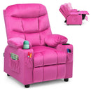 Kids youth recliner chair in pink with cup holders and side pockets, featuring adjustable backrest for comfort and.