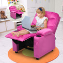 Kids pink recliner chair with cup holders and side pockets, featuring adjustable backrest and footrest for comfort.