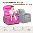 Kids youth recliner chair in pink with cup holders and side pockets, featuring adjustable backrest for comfort.