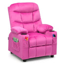 Kids pink recliner chair with cup holders and side pockets, featuring soft velvet fabric and adjustable backrest for.