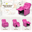 Kids pink recliner chair with cup holders and side pockets, adjustable backrest for reading, watching, or napping.