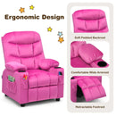 Kids youth recliner chair in pink with ergonomic design, cup holders, and side pockets for comfort and convenience.