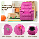Kids pink recliner chair with cup holders and side pockets, featuring adjustable backrest for comfort and relaxation.