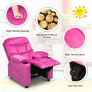Kids youth recliner chair in pink with cup holders and side pockets, featuring soft velvet fabric and sturdy wood frame.