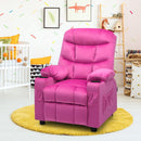 Pink kids recliner chair with cup holders and side pockets, featuring adjustable backrest for comfort and relaxation.