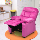 Kids youth recliner chair in pink with ergonomic design, featuring smooth pushback mechanism for adjustable lounging.