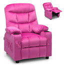 Kids youth recliner chair in pink with cup holders and side pockets, featuring adjustable backrest and footrest for.