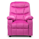 Kids youth recliner chair in pink with cup holders, adjustable backrest, and side pockets for comfort and convenience.