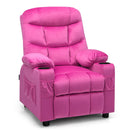 Kids youth recliner chair in pink with wide armrests and ergonomic design, perfect for relaxation and lounging.